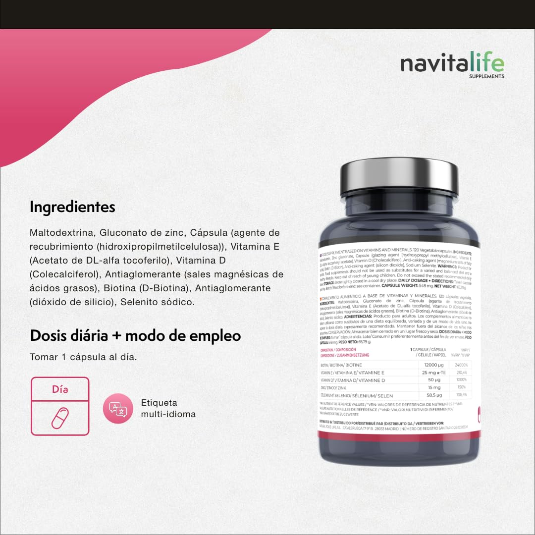 Biotina para el Cabello 12.000 mcg | Repara y Aumenta el Crecimiento de tu Pelo, Mejora la Calidad de tus Uñas y Piel | Con Selenio + Zinc + Vitaminas E y D, 4 Meses de Tratamiento | 120 Cápsulas