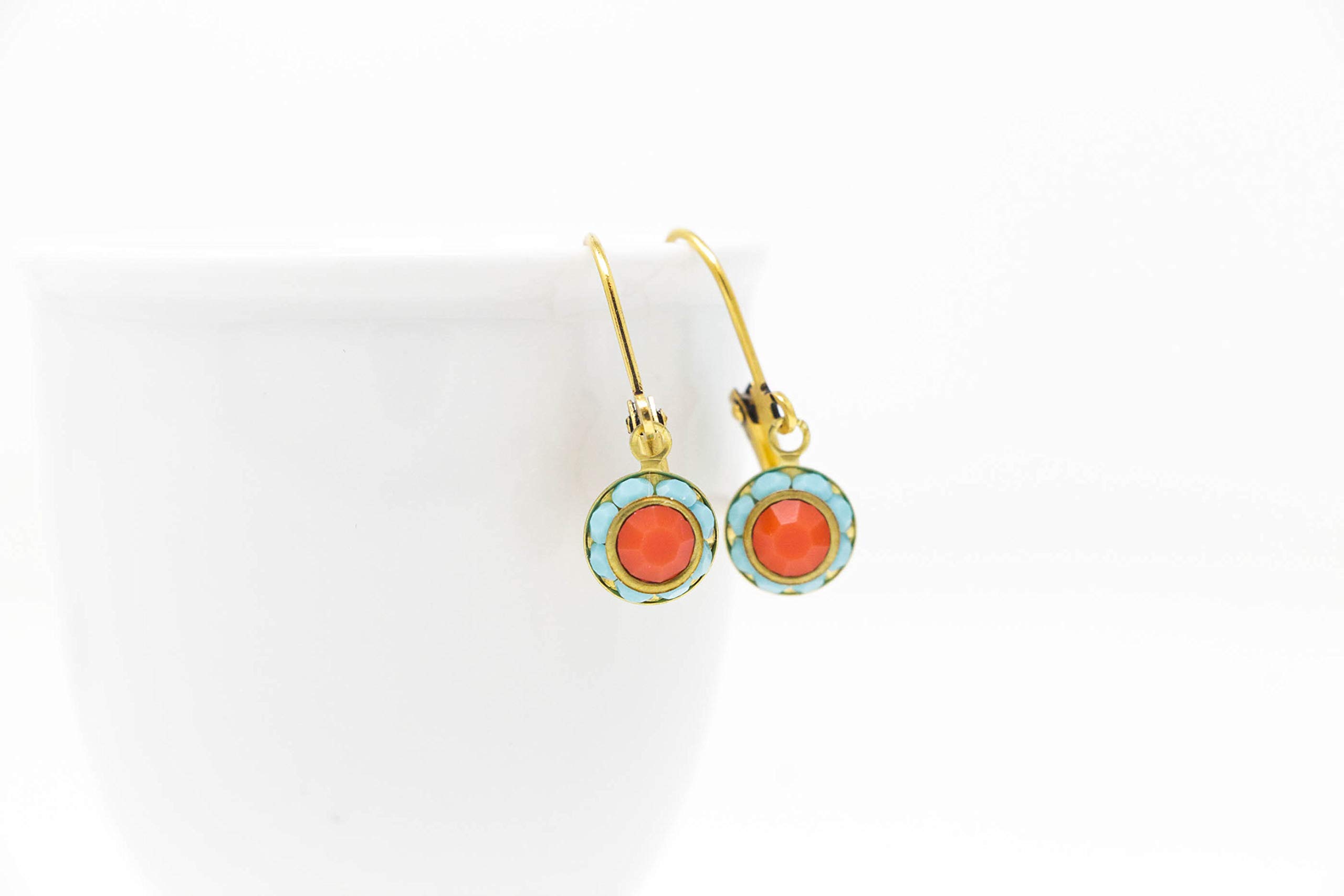 Small Orange and Turquoise Crystal Leverback Earrings