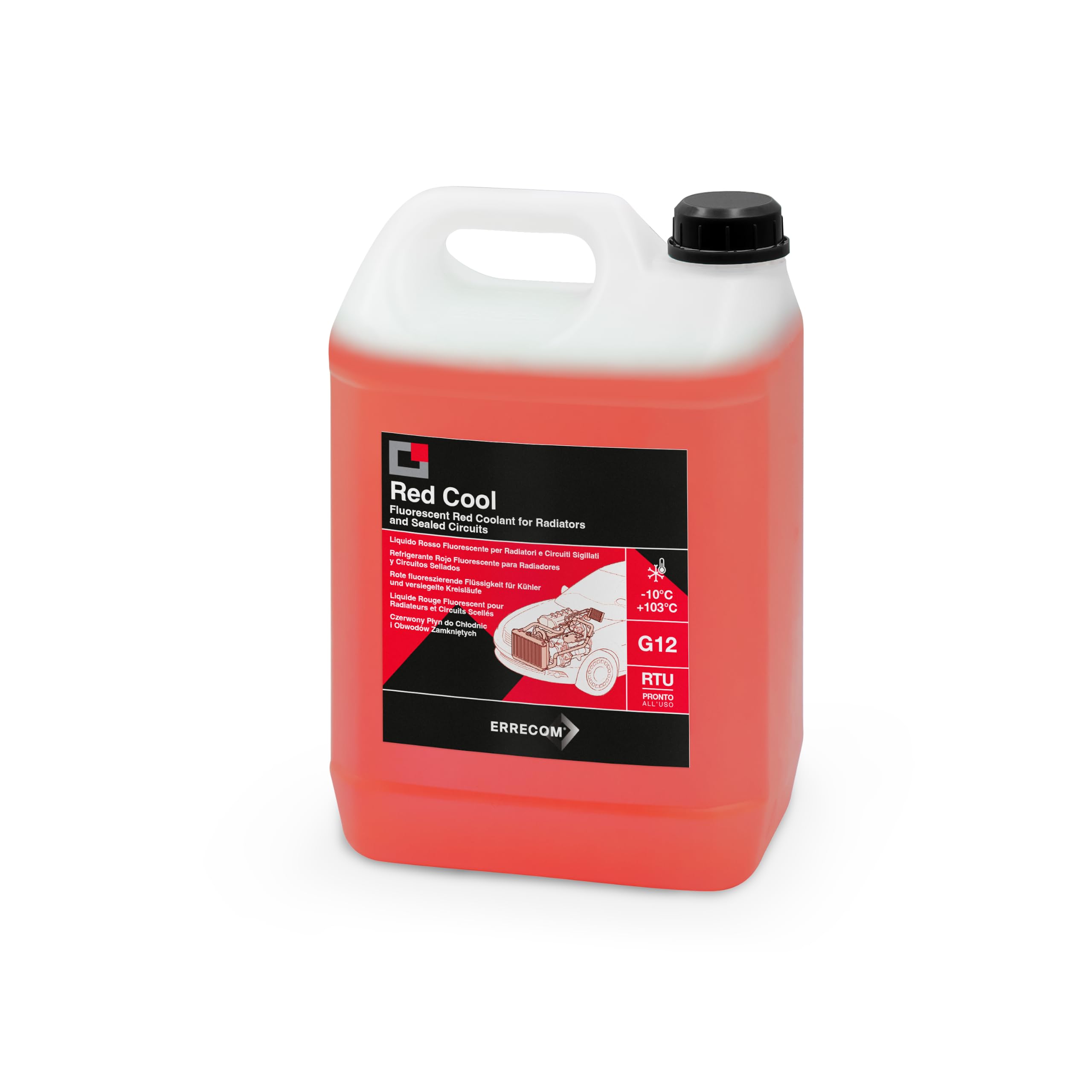 ERRECOM Red Cool, Liquido Radiatore Rosso Fluorescente -10°C/+103°C, antigelo G12 con Pacchetto inibitore a Base Organica Oat, Pronto all’Uso, 5 Litri