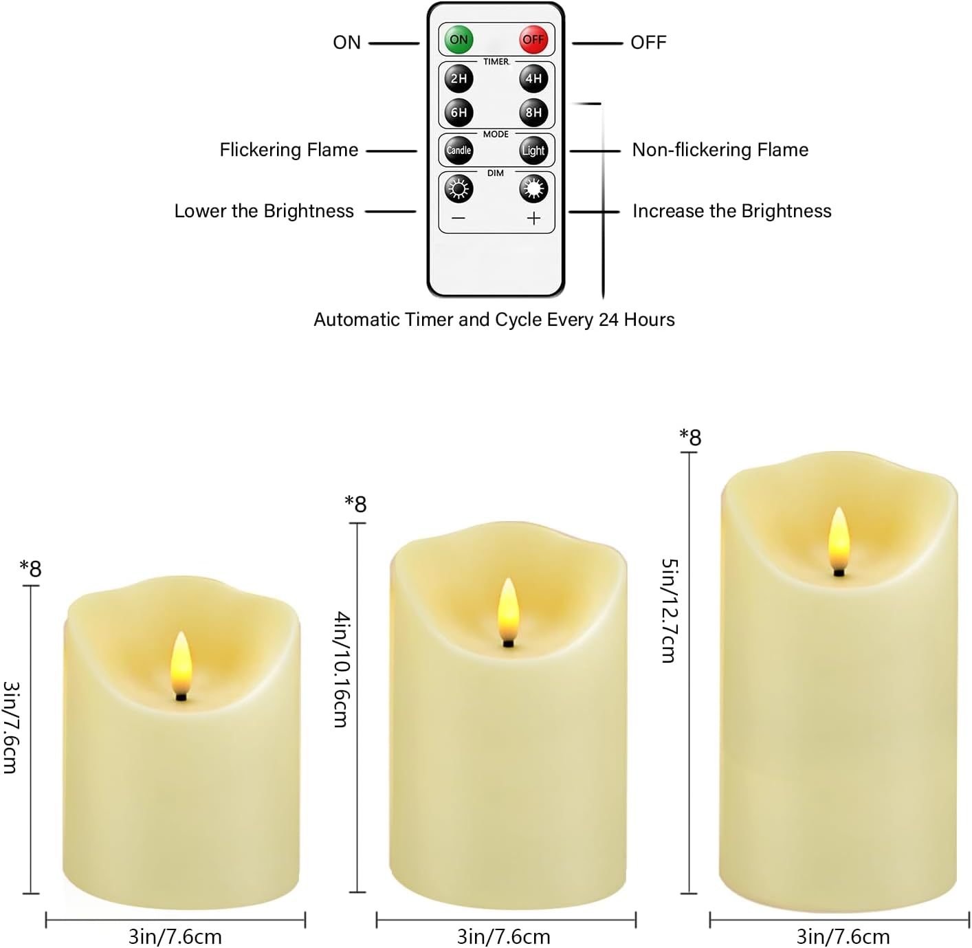 Nimiko Flameless Candles with Remote, Battery Operated Flickering Flameless Candles, LED Candles with Timer 2/4/6/8H, with Realistic LED Candles Set of 24 (D3 x H 3" 4" 5" 6" 7") (Ivory)