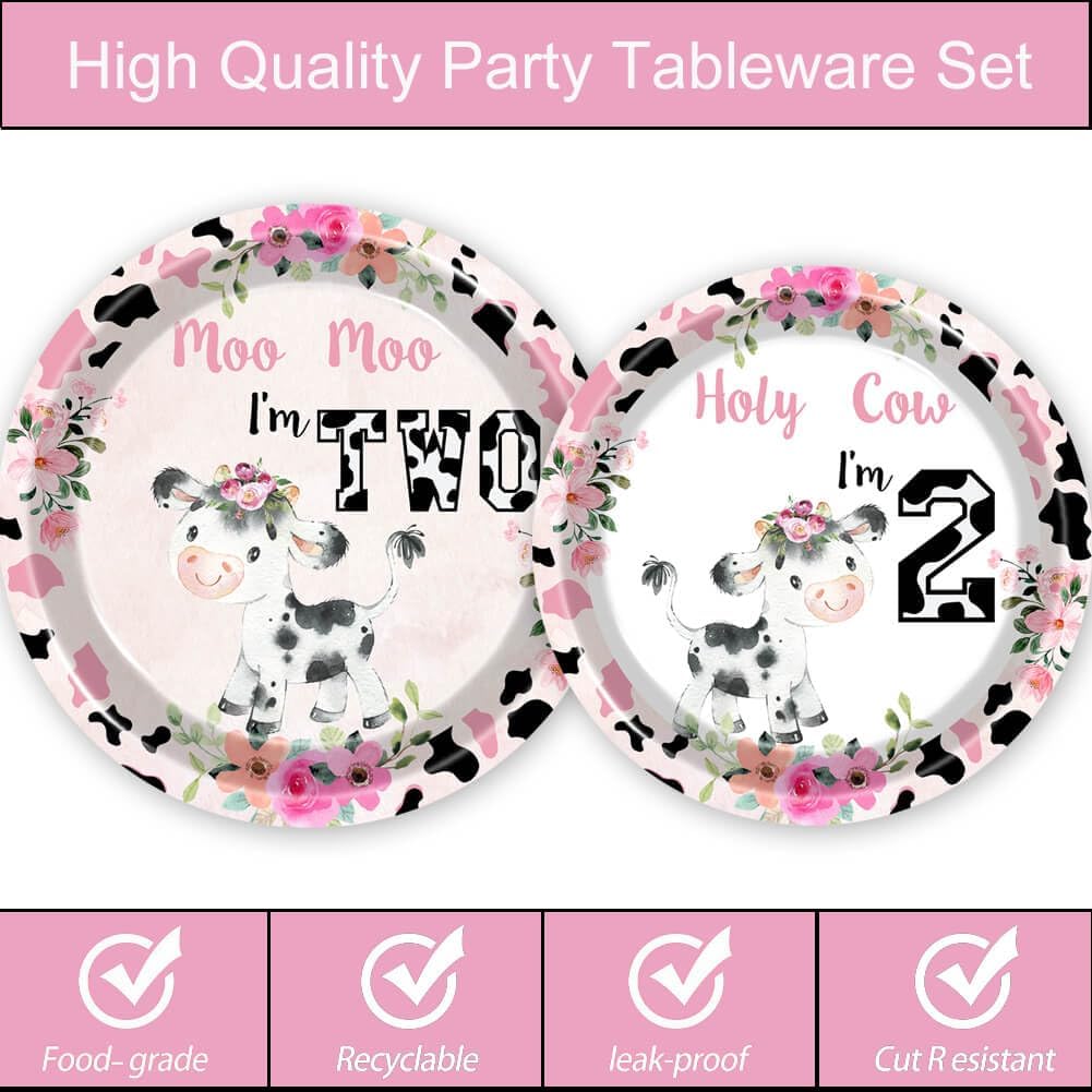 100 Pcs Holy Cow I'm Two Birthday Decorations Girl Tableware Cow Print 2nd Birthday Party Supplies Includes Plates, Forks, Cups, Napkins for Girls Two Years Old Birthday Party Decorations Favors - Image 3