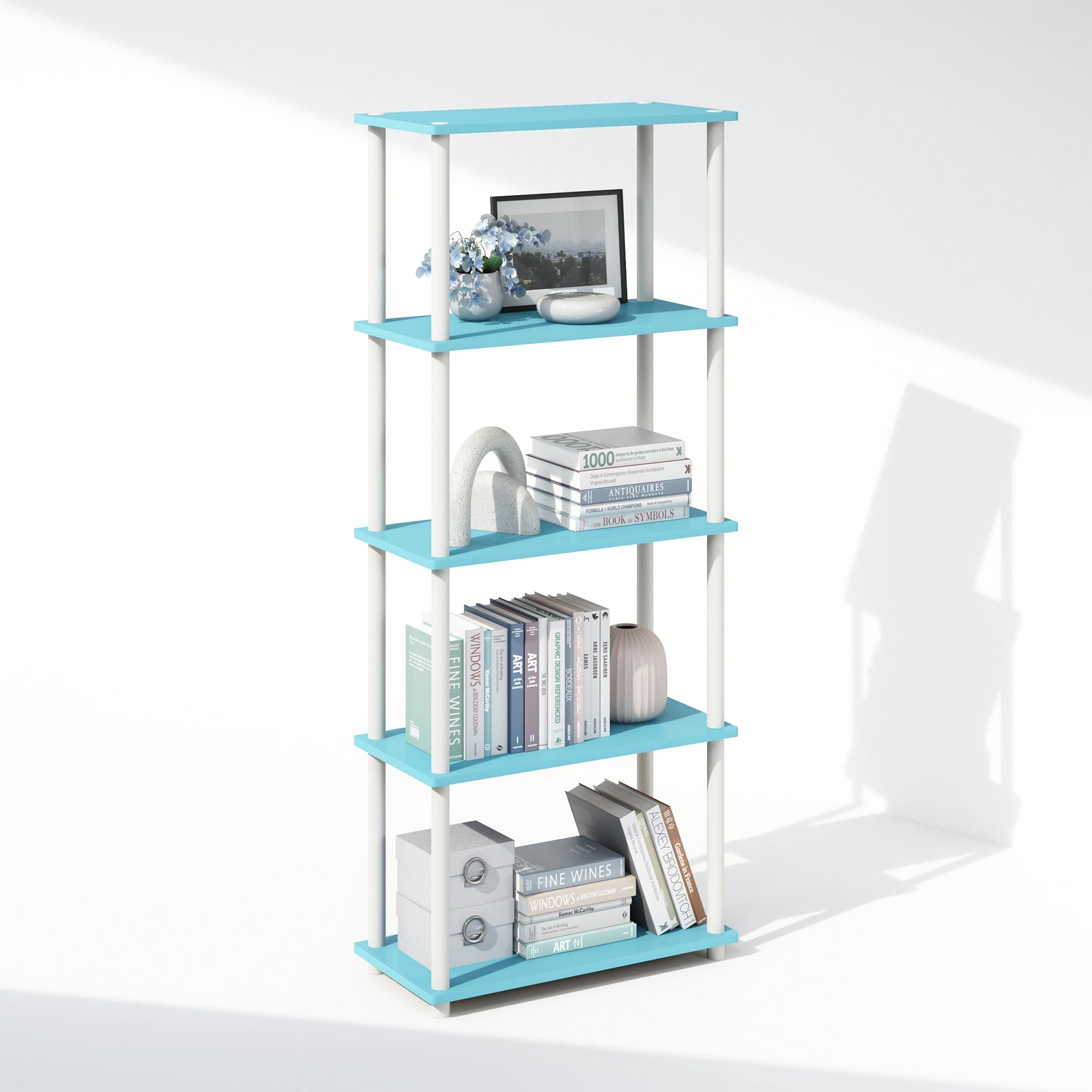 Furinno Turn-N-Tube 5-Tier Multipurpose Compact Bookcase, Light Blue/White