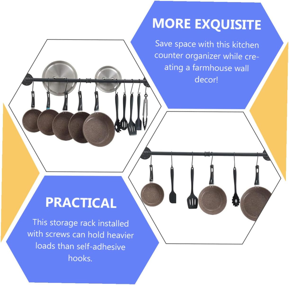 BESTYASH Wall Mounted Pot Rack and Utensil Hanger 13x60cm Iron Pipe Kitchen Storage Rail with Hooks for Hanging Pots, Pans, and Lids – Industrial Style Organizer for Kitchen Wall Storage