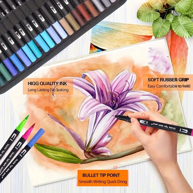Image of PROTON 100 Color Dual Tip Brush Pens Set with Carrying Case - Water-Based Marker Pens with Fine & Brush Tips - Non-Toxic Art Markers for Drawing, Coloring, Calligraphy, Bullet Journaling (1)