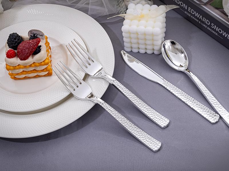 KIRE 400PCS Silver Plastic Silverware - Disposable Silverware, Heavy Duty Plastic Silverware Set Include 200 Silver Forks,100 Silver Knives,100 Silver Spoons for Party,Wedding for Christmas - Image 9