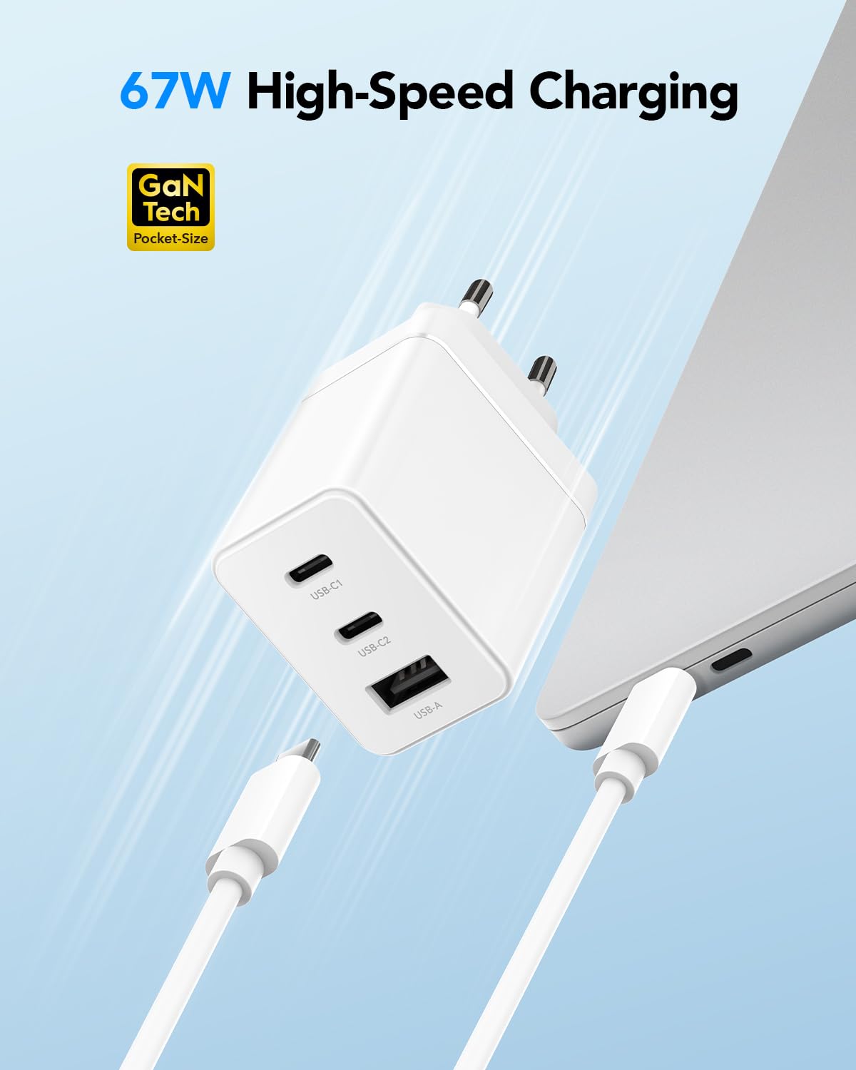 Cudy Caricatore USB C 67 W 3 porte, 2 Tipo C, 1 USB-A Presa Caricatore iPhone Ricarica Rapida, QC/PD 3.0 Parete Adattatore per iPhone, iPad, Samsung, Sony, CH67