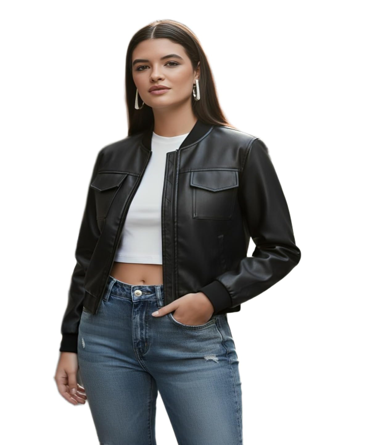Women Leather Jacket | Black Faux Leather Bomber | Zip Front | Trendy Winter Fashion-picture-11