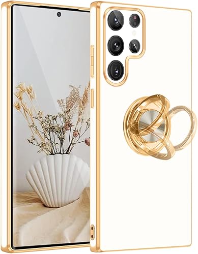 Fingic Funda para Samsung S22 Ultra, soporte de anillo para Galaxy S22 Ultra, soporte de anillo giratorio de 360, soporte magnético chapado en oro
