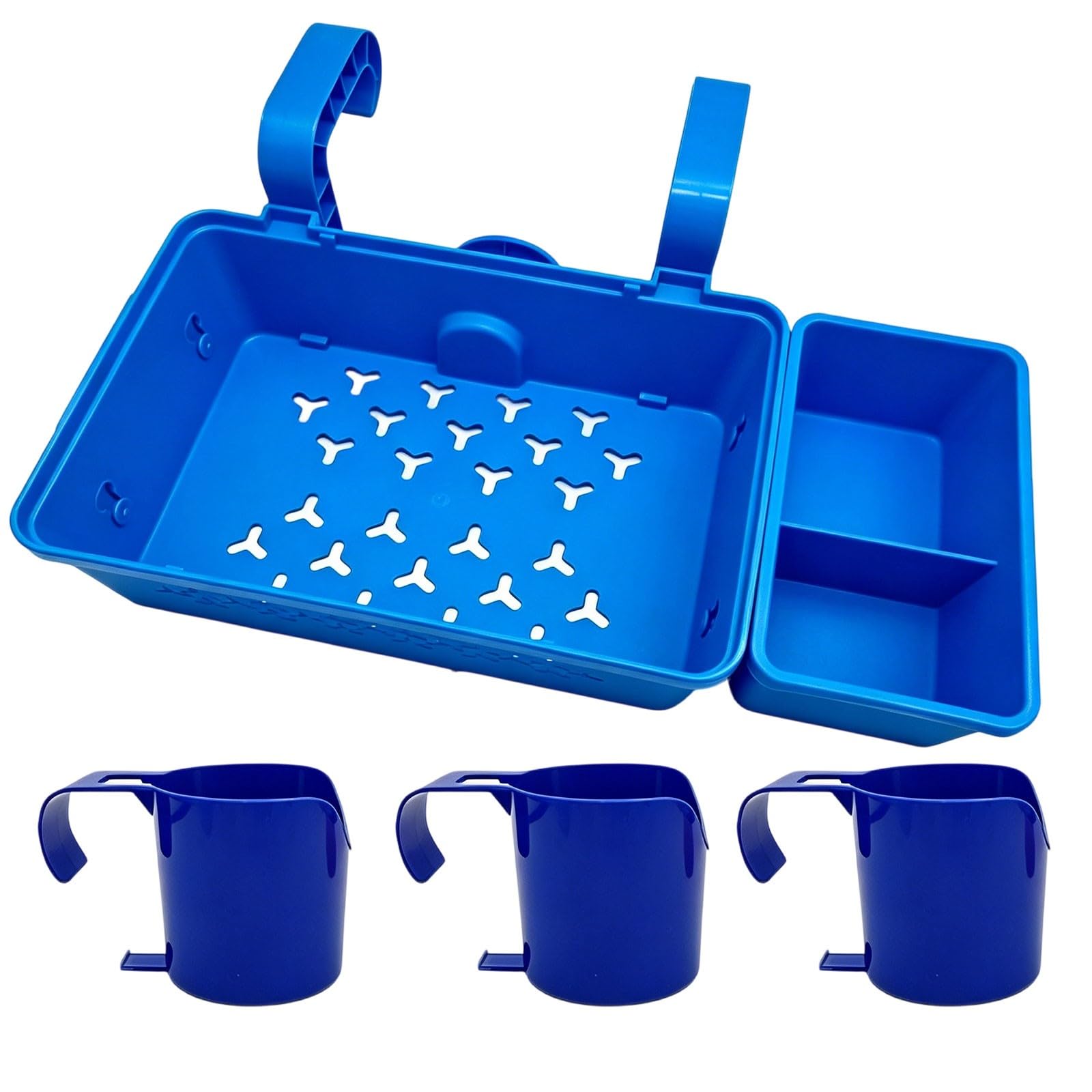 Poolside Storage Basket with Cup Holders & Hanging Hook Large Capacity Swimming Pool Accessories Organiser Hangable Basket Ideal for Deck Storage and Beverage Management (Blue+3Blue)