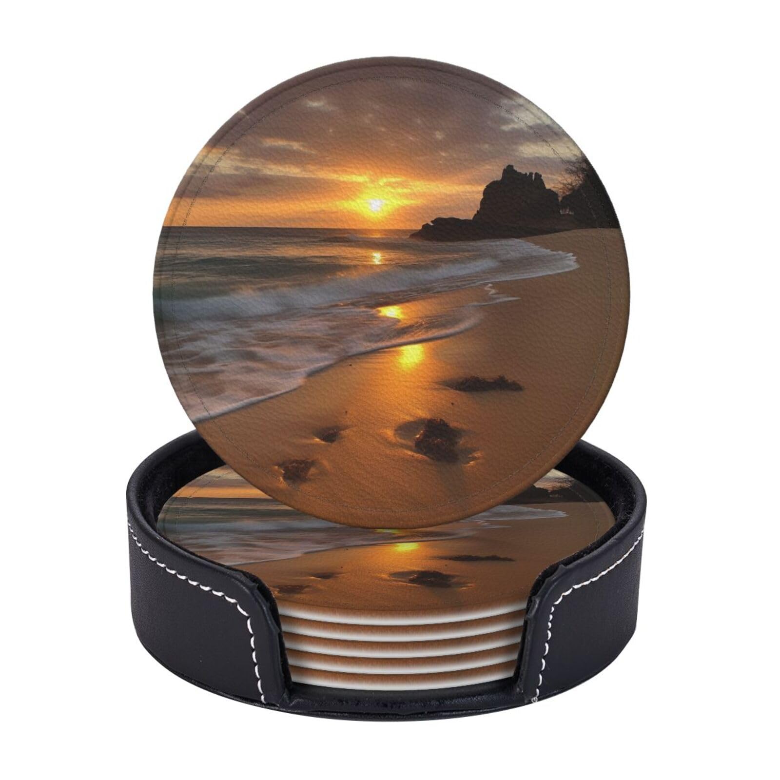 6Pcs PU Leather Coaster for Drinks, Sunrise Beach Cup Coasters with Holder, Aesthetic Drink Coasters for Coffee Table, Round Coaster for Tabletop Protection 4" Cup Mat Pad