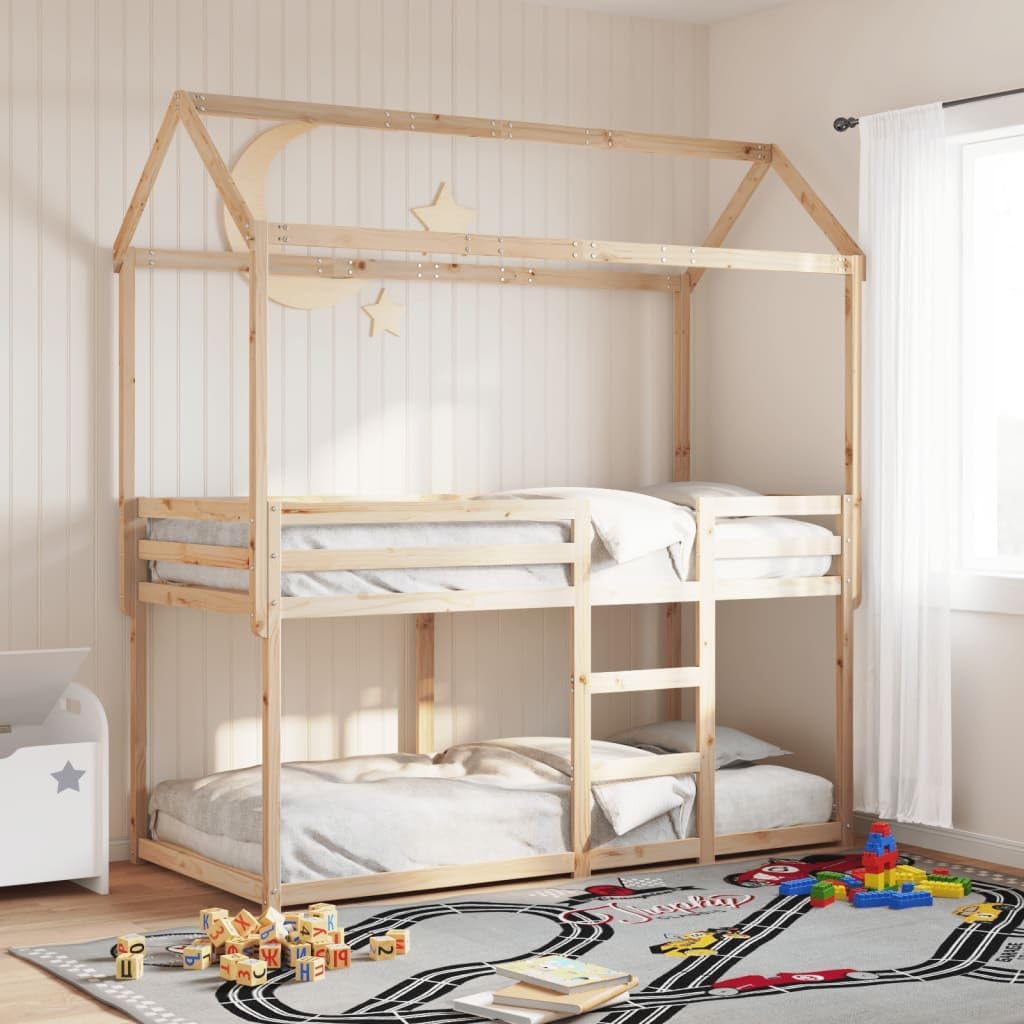 Solid Pine Wood Bunk Bed with Roof 90x200 cm, 2 Individual Beds, Guardrails, Plywood Slats, Open Side Door, Space Saving Loft Bed Frame for Compact Rooms