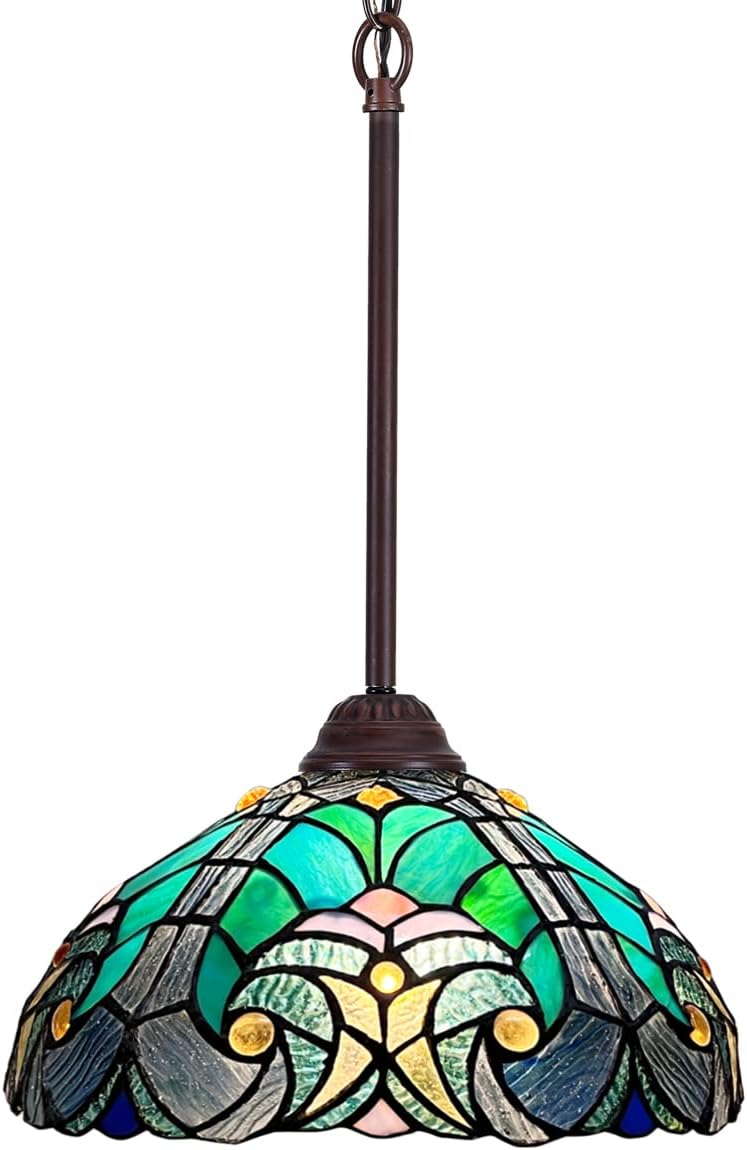 Tiffany Pendant Light fixtures 12" Wide Sea Green Stained Glass Pendant Lighting Vintage Style 1 Light Hanging Lamp for Kitchen Dining Room and Bar