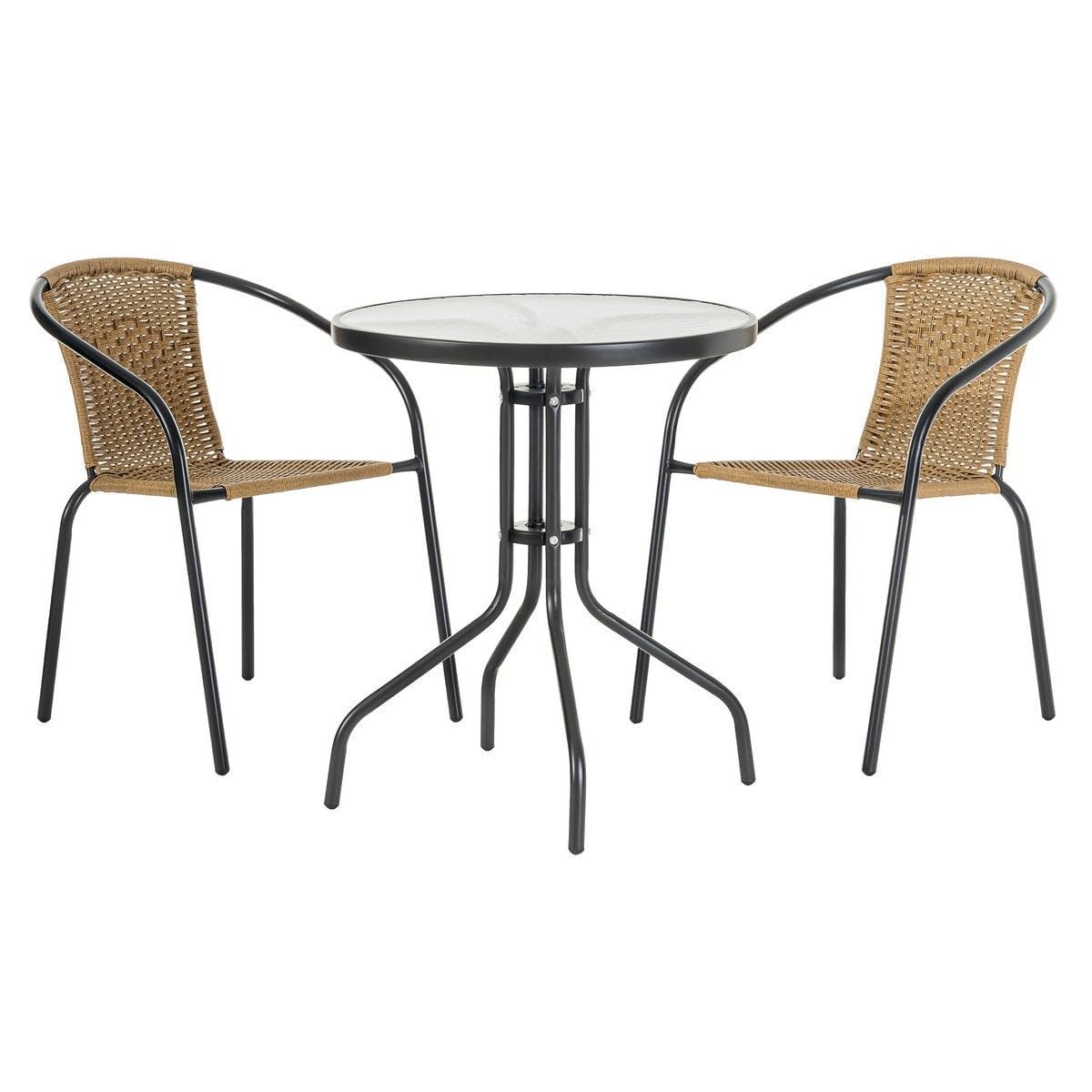 LOLAhome | Conjunto Jardín y Exterior 1 Mesa y 2 Sillas | 2 Sillones Apilables Ratán Natural | Mesa de Cristal y Acero para Balcón o Terraza | Trivia