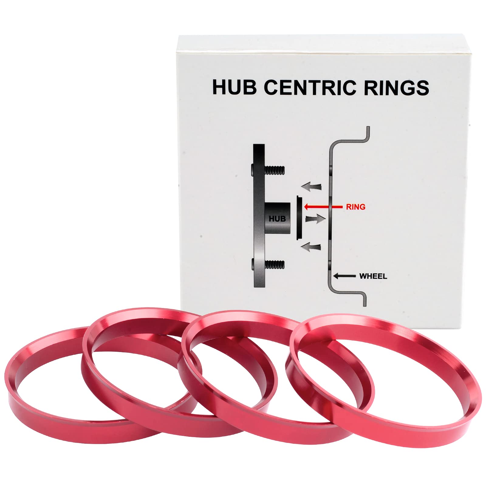 Red Alloy Aluminum Hub Centric Rings 64.1 to 73.1 - Performance Wheel Hubcentric Rings for 64.1mm Vehicle Hub with 73.1mm Center Bore Rims - Pack of 4