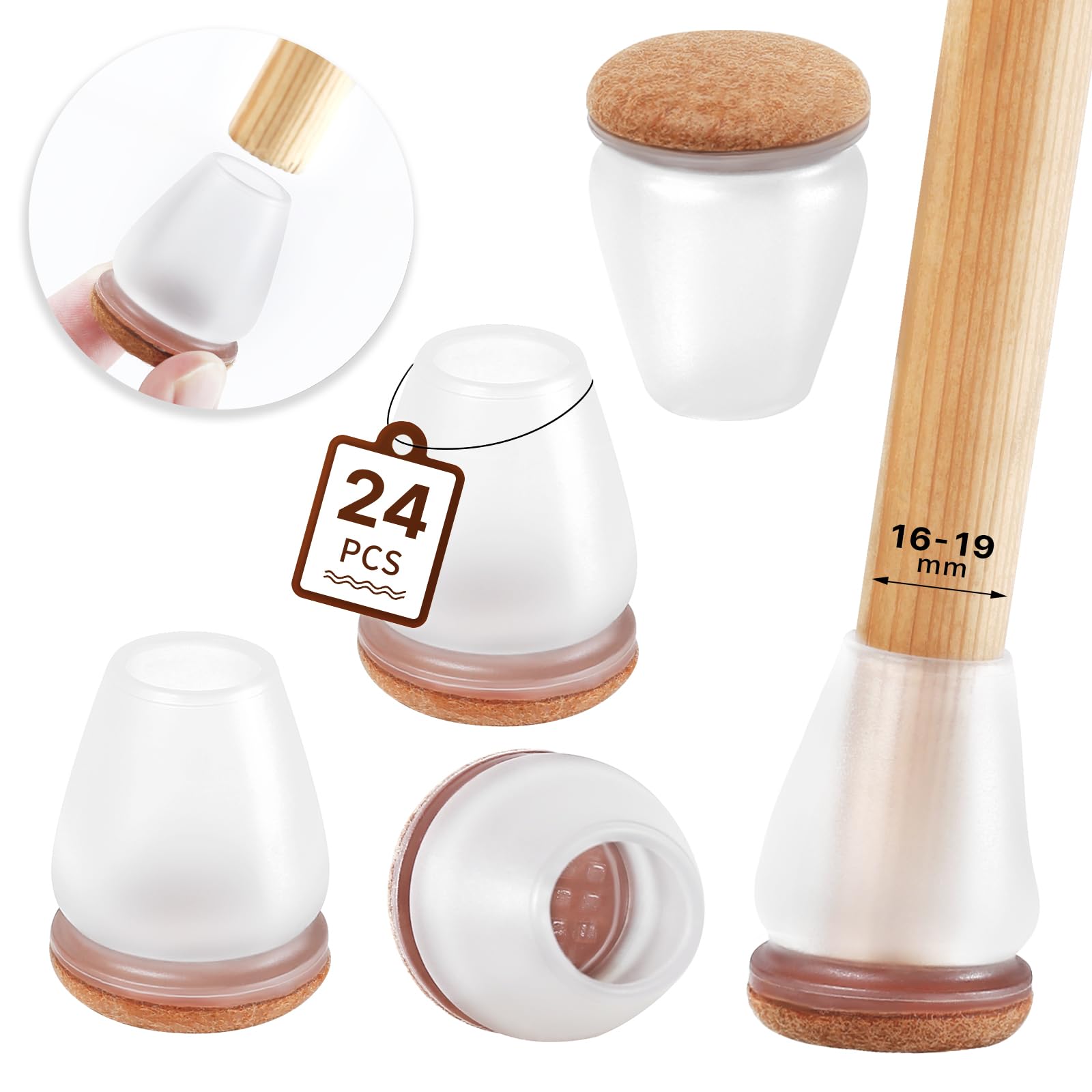 RCHYFEED Chair Leg Floor Protectors, 24Pcs Transparent Chair Feet Cover with Wrapped Felt, Chair Leg Protectors for Hardwood Floors, Furniture Feet Protectors Pads (Fit:16-19mm)