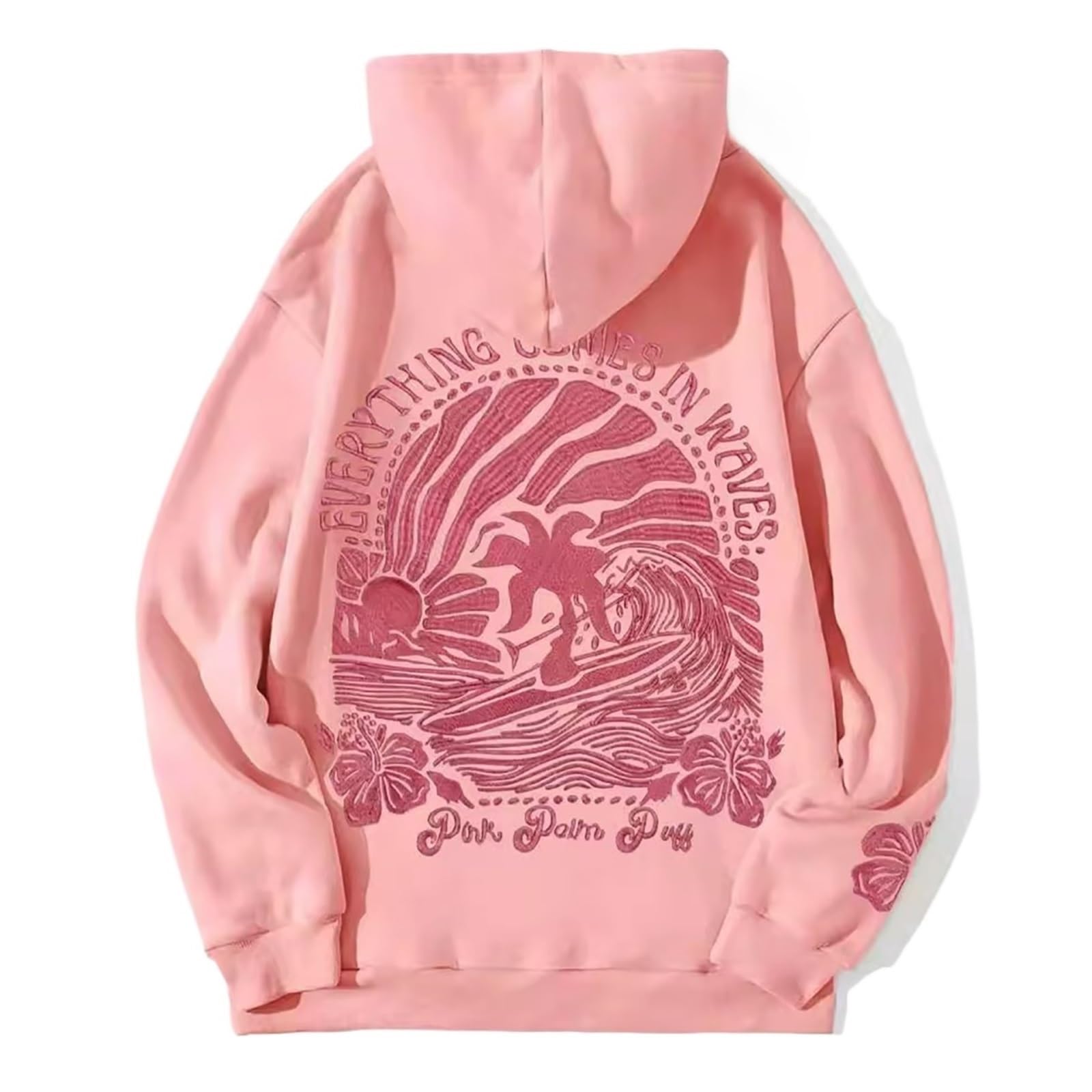ABPWO Preppy Clothes Embroidery Hibiscus Hoodies for Teen Girls Y2K Fashion Women Puff Sleeve Cute Graphic Sweatshirt - Small - Pink hoodie