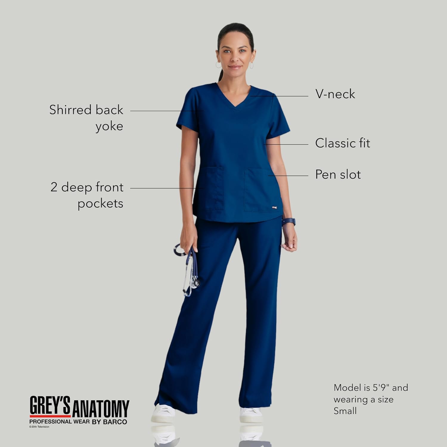 Grey's Anatomy Women's Two Pocket V-Neck Scrub Top with Shirring Back
