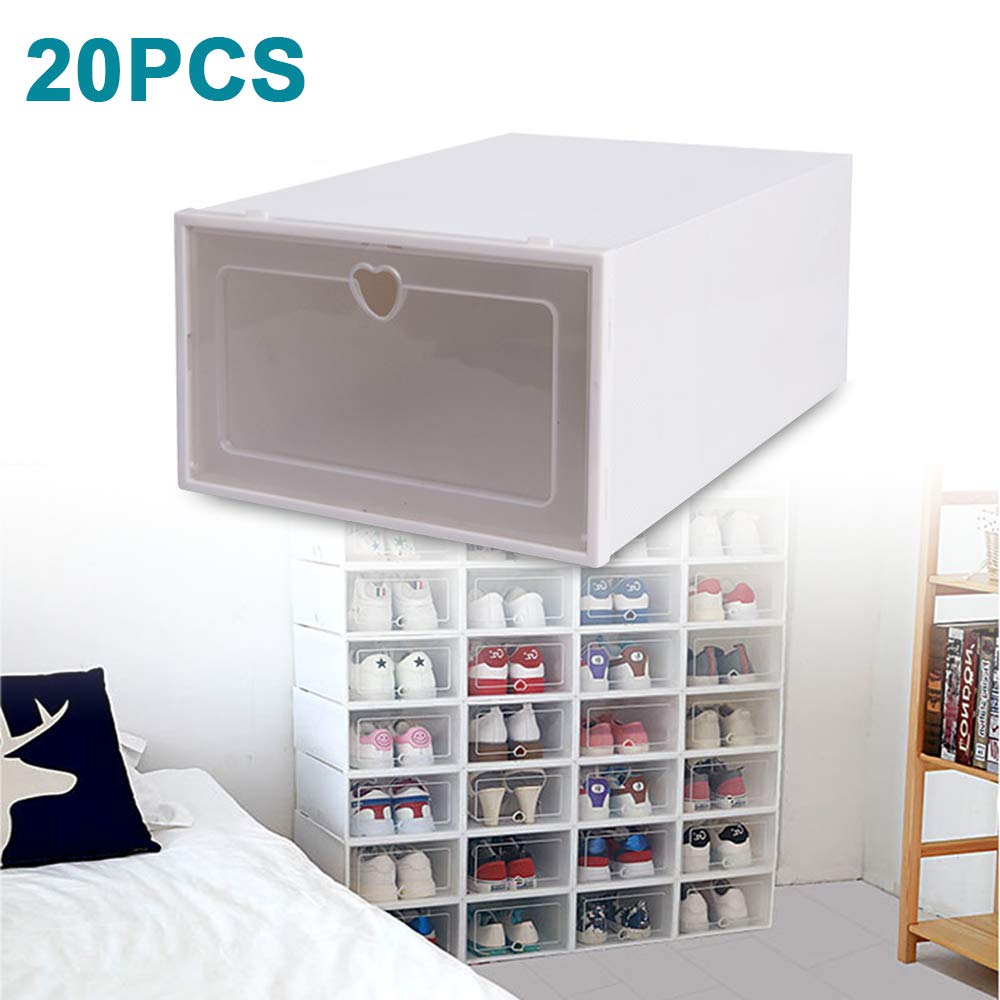 Paquete de 20 cajas de zapatos apilables transparentes de plástico que ahorran espacio, con tapas, plegables, 33 x 23 x 14 cm (20 blancas), perfectas para la nización en el hogar