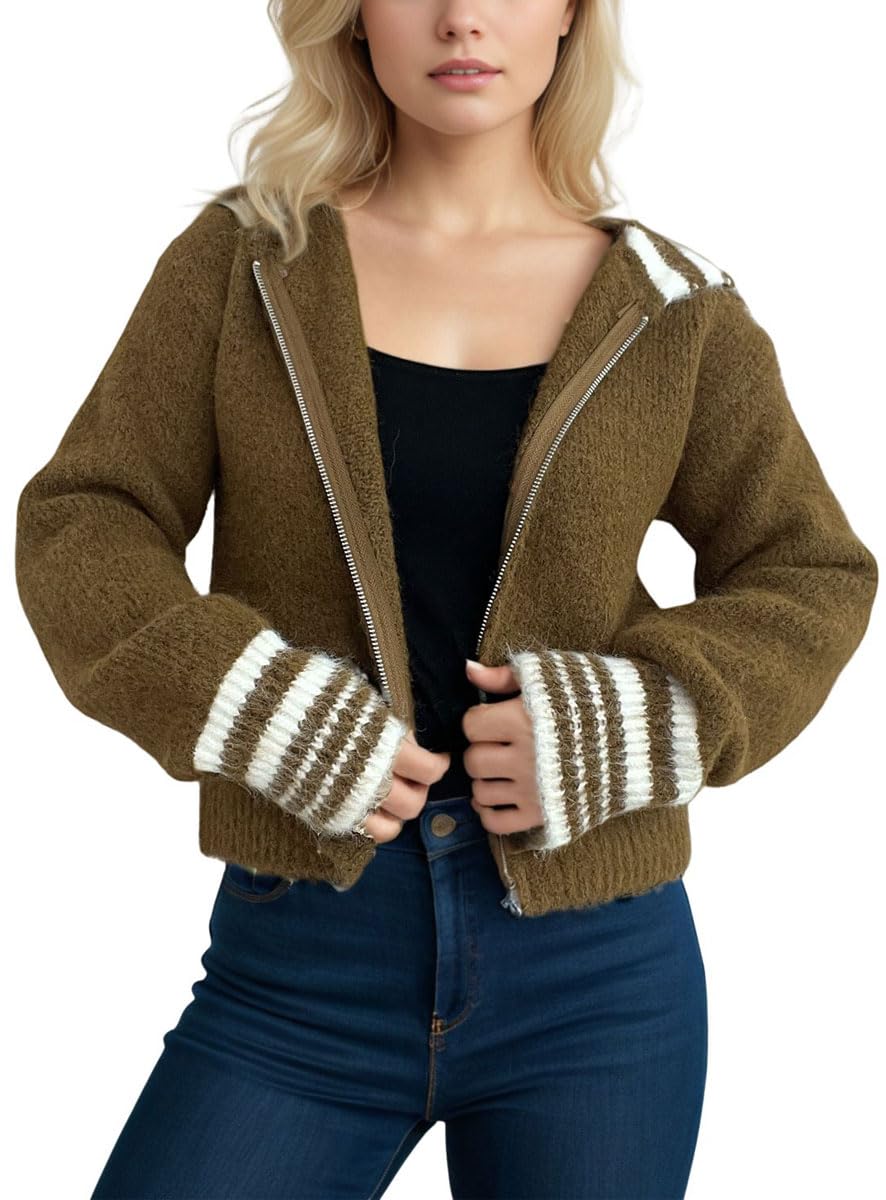 chouyatou Womens Fall Contrast Color Sweater Cardigan Sailor Collar Zip Up Cropped Cardigan Jacket