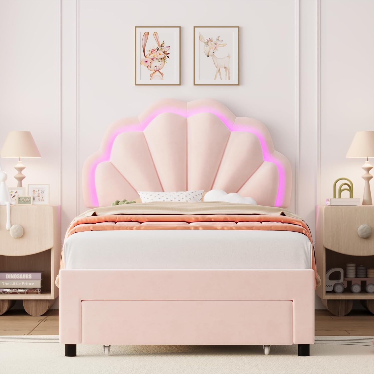 HIFIT Twin Bed Frame with Storage and LED Lights for Girls, Pink Modern Upholstered LED Bed Frame with Drawer & Chic Double Petal Headboard, Solid Wood Slat, Kids Twin Platform Bed w/Storage