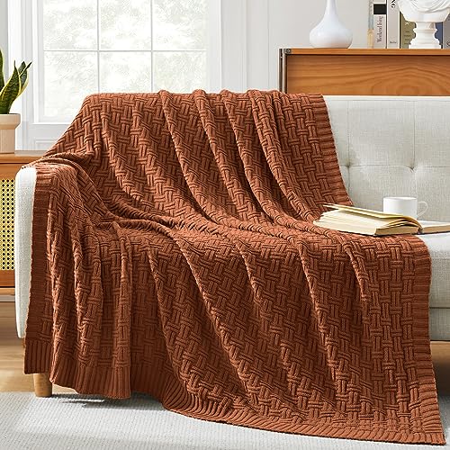 Image of TREELY 100% Cotton Knitted Throw Blanket 50 x 60 Inches, Brown