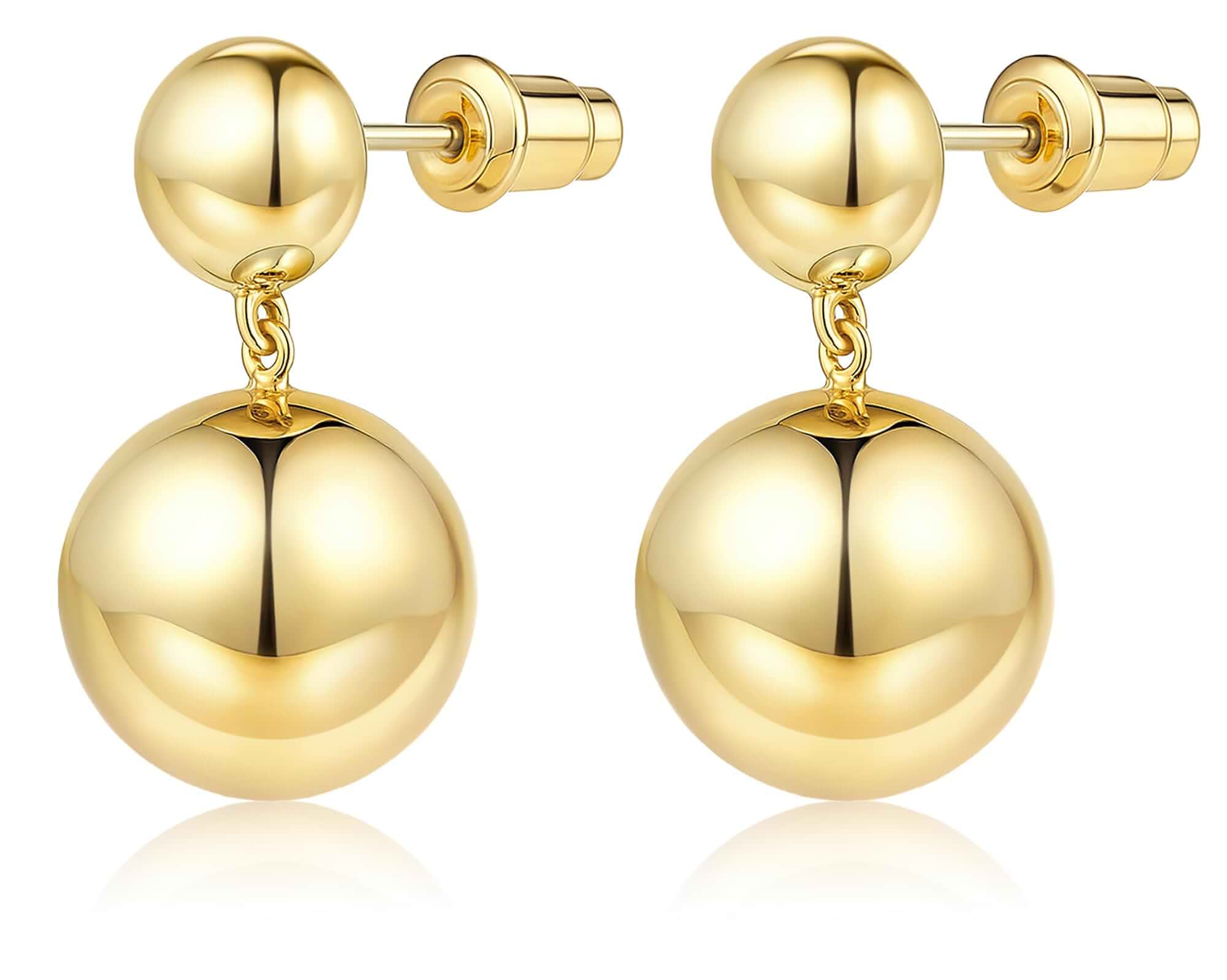 Poxtex Chunky Gold Ball Dangle Earrings for Women, 14K Gold Plated Hypoallergenic Double Ball Drop Stud Earrings, Bold Round Bead Statement Jewelry Gifts