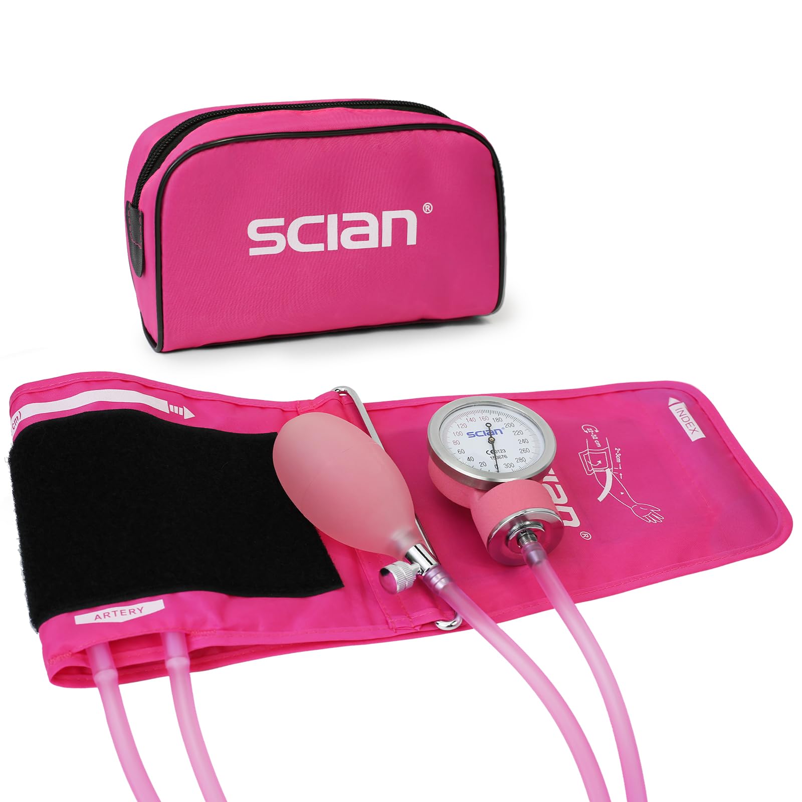 Tensiómetro manual SCIAN - esfigmomanómetro aneroide con manguito europeo (22-42 cm) y anillo en D, incluye estuche de transporte para enfermeras, médicos, personas mayores, adultos （rosa）