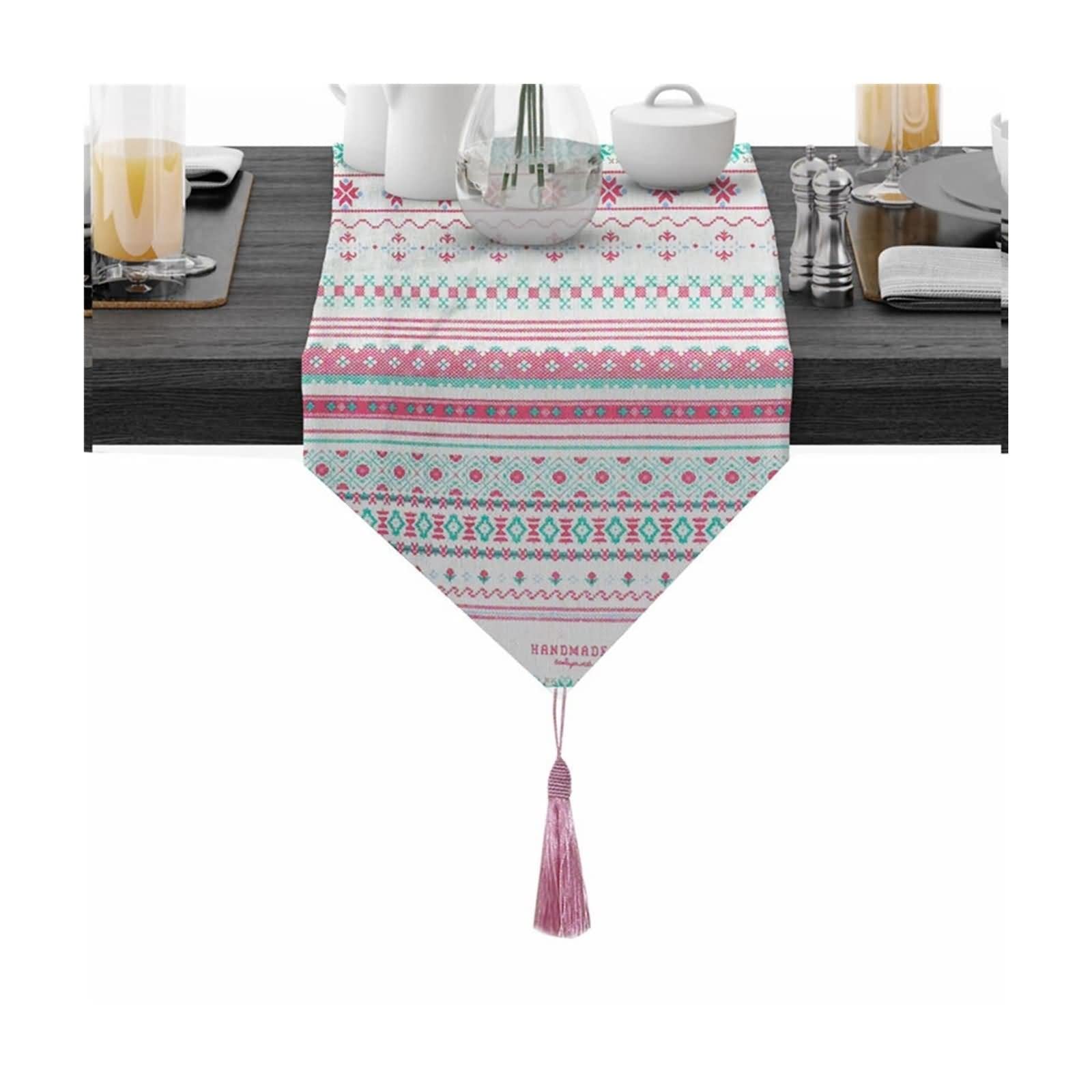 Tischläufer Modern Kurz, Weihnachts Tischdekoration aus Baumwolle Geometrie Blumenmuster Rosa 30x320CM für Abendessen Bauernhaus Dekor