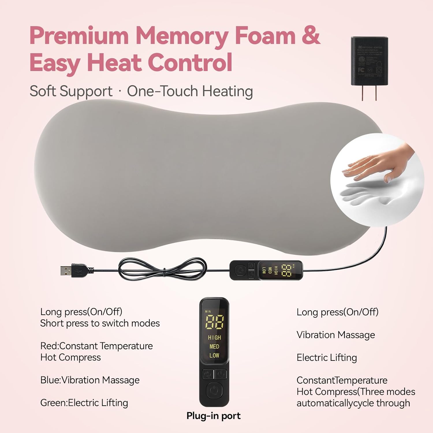 Heated Lumbar Support Pillow for Sleeping – Memory Foam Back Pillow for Bed, 3 Heat Levels & 8 Timers, Ergonomic Lower Back Pillow for Side, Back & Stomach Sleepers, Washable Cover