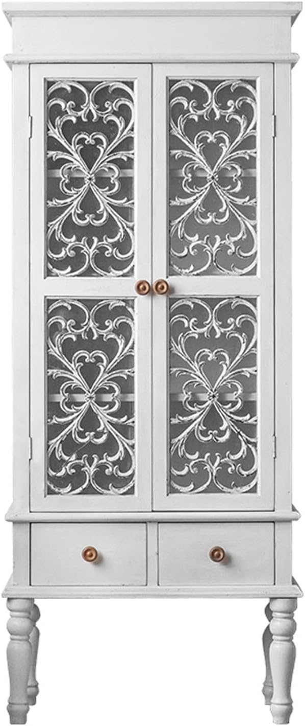 Wooden Rustic White Wine Cabinet with 2 Drawers and 1 Door, Hollow Carved Bar Storage, Stable Table Feet, 27.95 x 14.96 x 67.3 inches