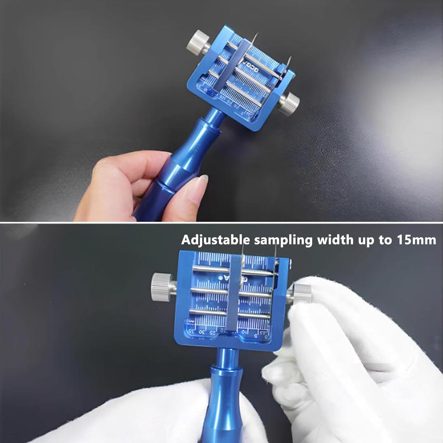 Probenschneider, Kunststofffolien-Probenmesser, verstellbare Breite 5–32 mm, Toleranzbereich ± 0,05 mm, für Klebebänder