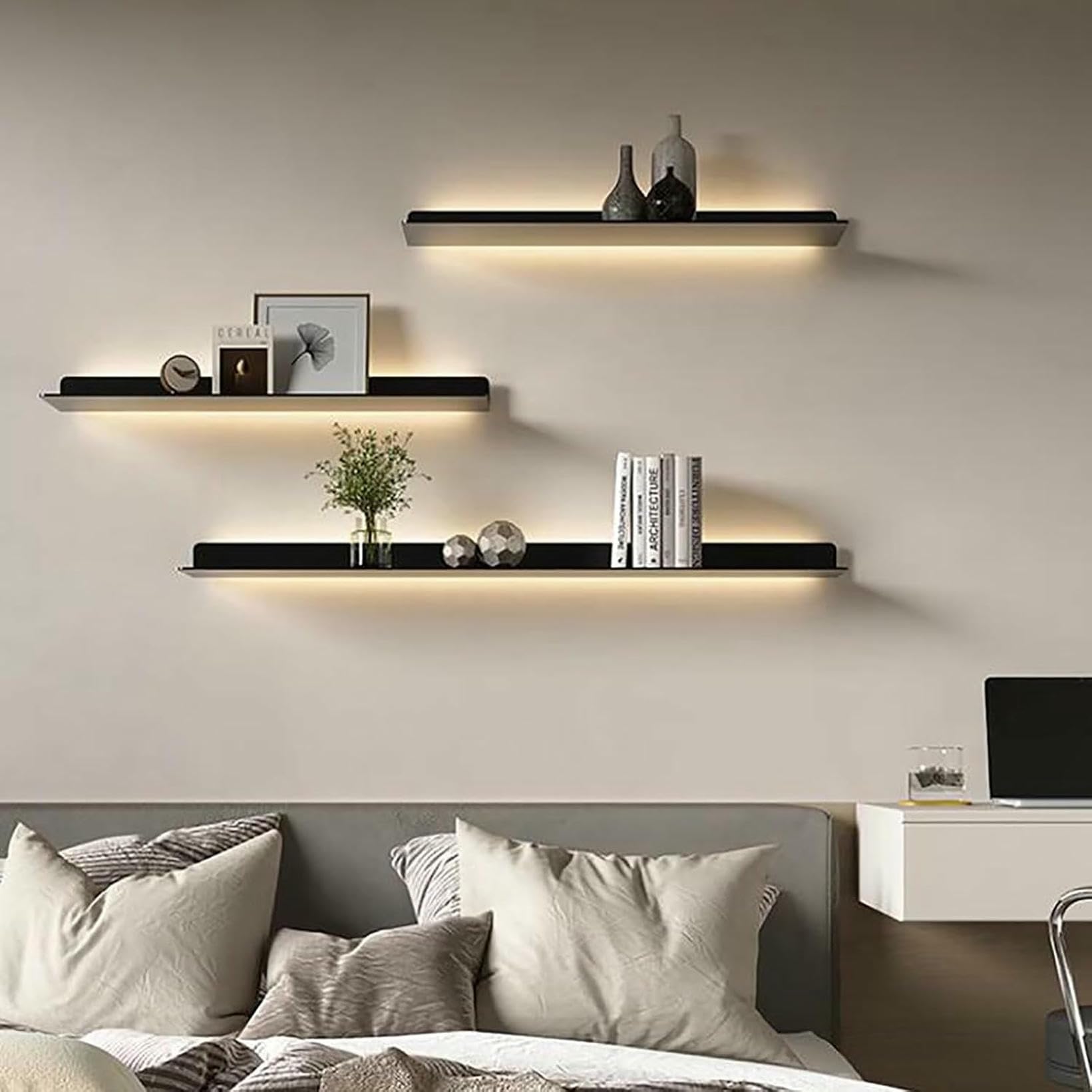 CWCQGH Metal Floating Shelves with LED Lights - Wall Mounted Display Rack for Living Room, Kitchen, and Bathroom, Built-in Illuminated Shelf,Black-60cm/23.6"
