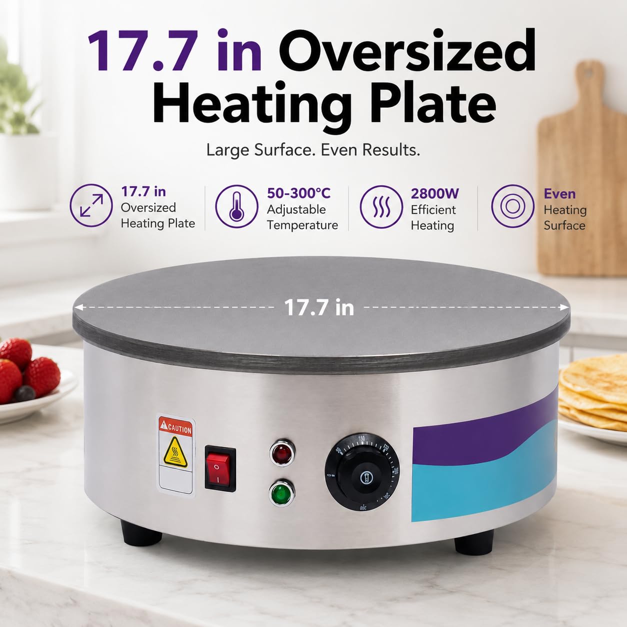 Máquina de crepe eléctrica de 2800 W, crepe, temperatura ajustable con espátula de madera, crepera, apta para familias, cafeterías, restaurantes