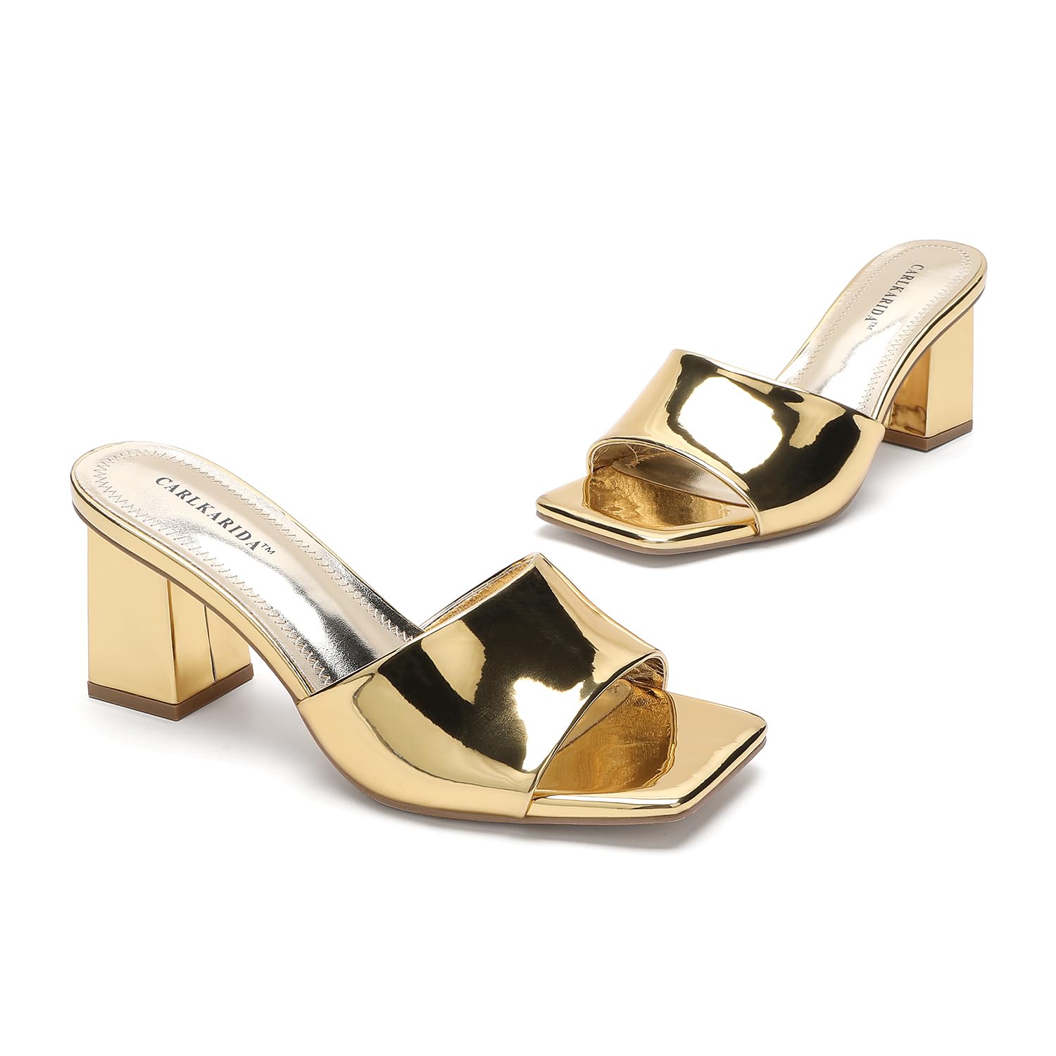 Women's Heeled Sandals Open Toe Mules Glossy Chunky Heels Casual Dress Shoes