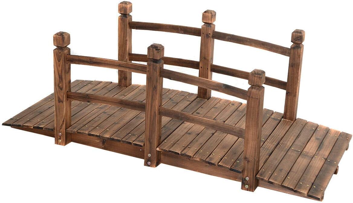 5FT Solid Fir Wood Garden Bridge With Safety Handrail Beautiful Arched Frame Design Stable And Strong Structure Suitable For Decorating Garden Backyard Courtyard Fish Ponds Creeks Stream Gravel Road