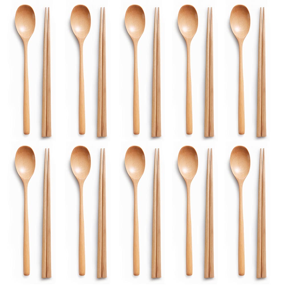 Ecloud Shop Wood Color 10-Set Spoon Chopsticks Wooden Chopsticks Sets Korean Dinnerware Combinations 10 Pairs