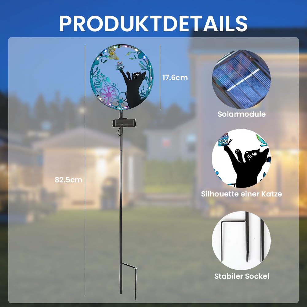 Solarstecker für Außen Garten, Solarleuchte Katze, Metall Solar Tiere für Außen Garten mit Schmetterling, Solar Gartenstecker, Gartendeko Solarlampen für Au-ßen Balkon Außenterrasse