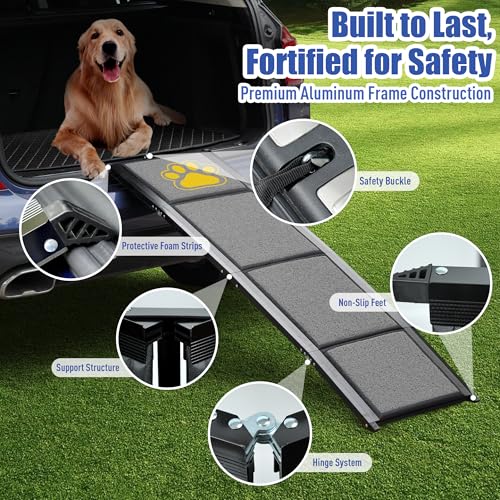 BACOENG Hunderampe Auto Klappbar, Hundetreppe Auto mit Rutschfester Teppich, 160cm rutschfest Hunderampen für Autos, LKWs und SUV, Stabil Rampe Hund für Große Und Mittel Hunde Bis 110kg