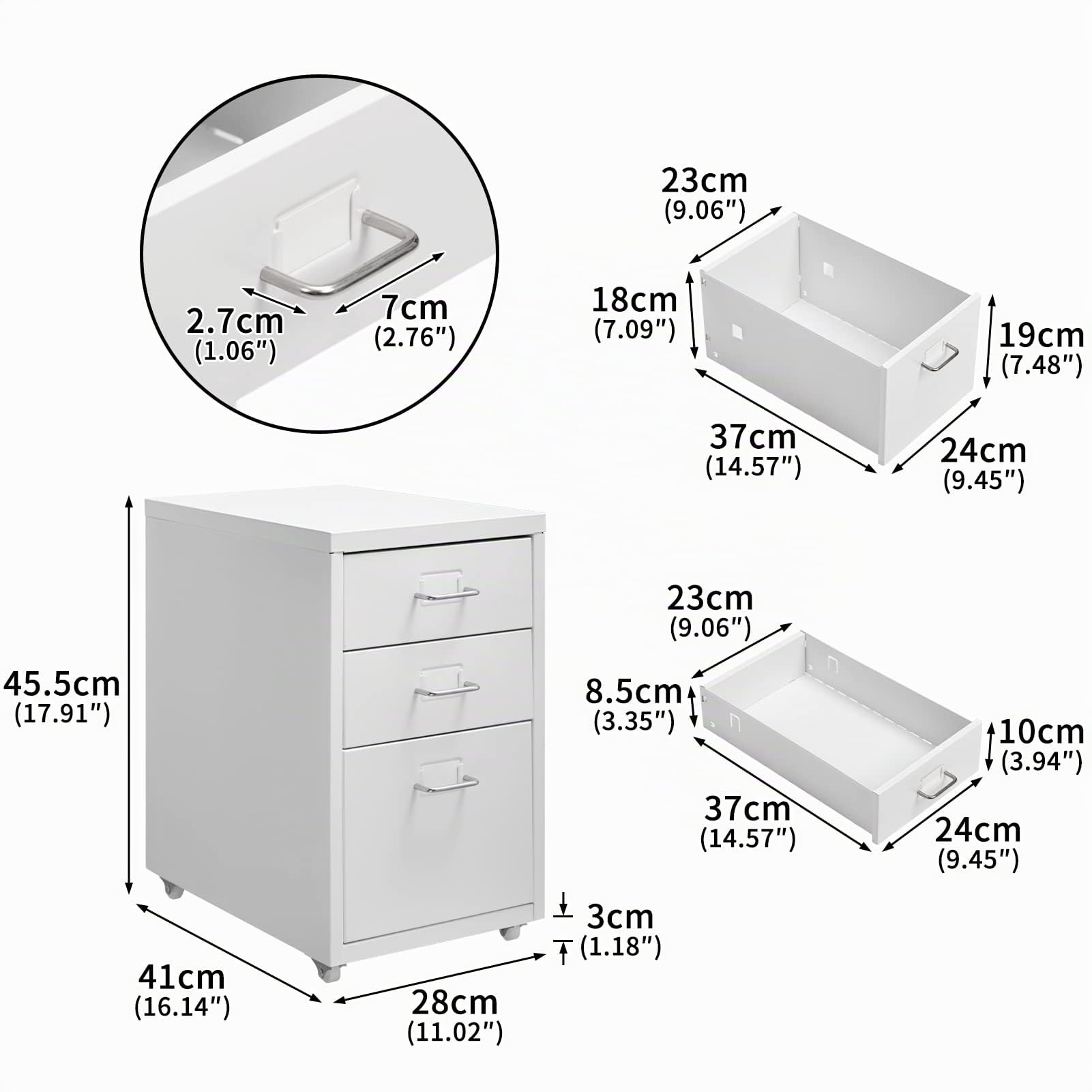 HollyHOME Caisson Métallique à 3 Tiroirs, Organisateur de Classement Roulant pour Bureau, Meuble de Rangement Moderne avec Roulettes pour Maison et Bureau, Blanc