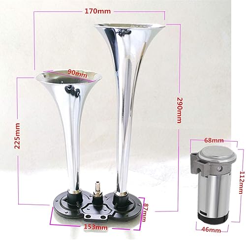 Miniatura 4 de Bocina de aire para coche, 12 V, 150 DB, trompeta, camión, bocina de aire, doble tubo, cromado, plateado, zinc, bocina de aire con compresor para