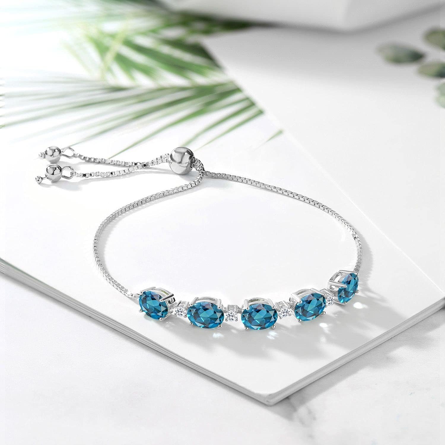 Gem Stone King 925 Sterling Silver Gemstone Birthstone and White Topaz Tennis Bracelet for Women | Oval 8X6MM with Round 2.5MM Accents | Adjustable Bolo Chain | Fine Jewelry for Her Mom Wife