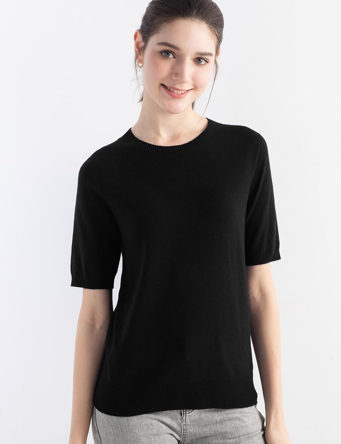 Women's Merino Wool Blend Sweater Fall Winter Crew Neck Short Sleeve First-Line Ready to Wear Seamless Knit Pullover - Image 2