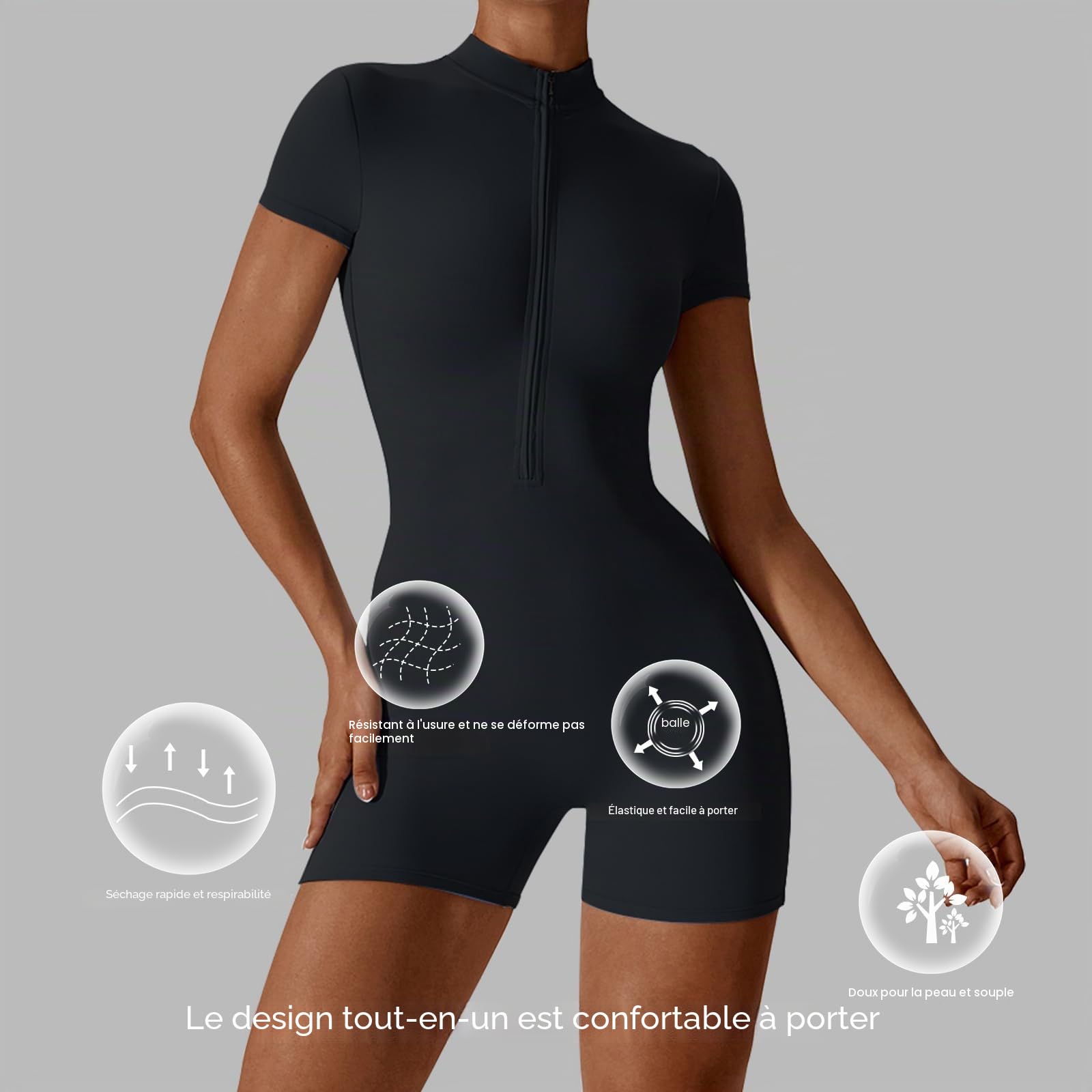 Litthing Combinaison d'entraînement à manches courtes avec fermeture éclair pour femme - Body moulant - Contrôle du ventre - Yoga