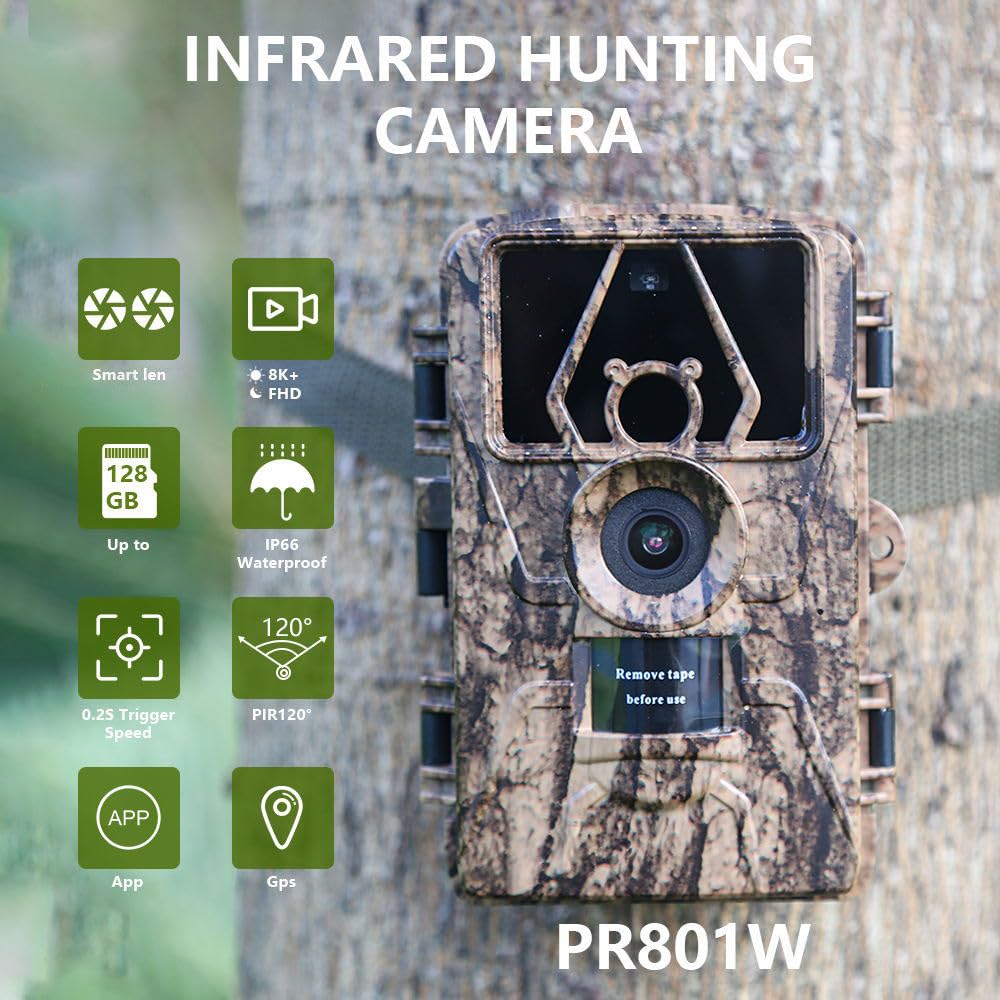 Caméra de chasse WiFi 8K 60MP avec vision nocturne et carte SD 32 Go, activée par le mouvement, étanche IP67, portée de 30,5 m, grand angle de 120°, 42 LED infrarouges sans lumière