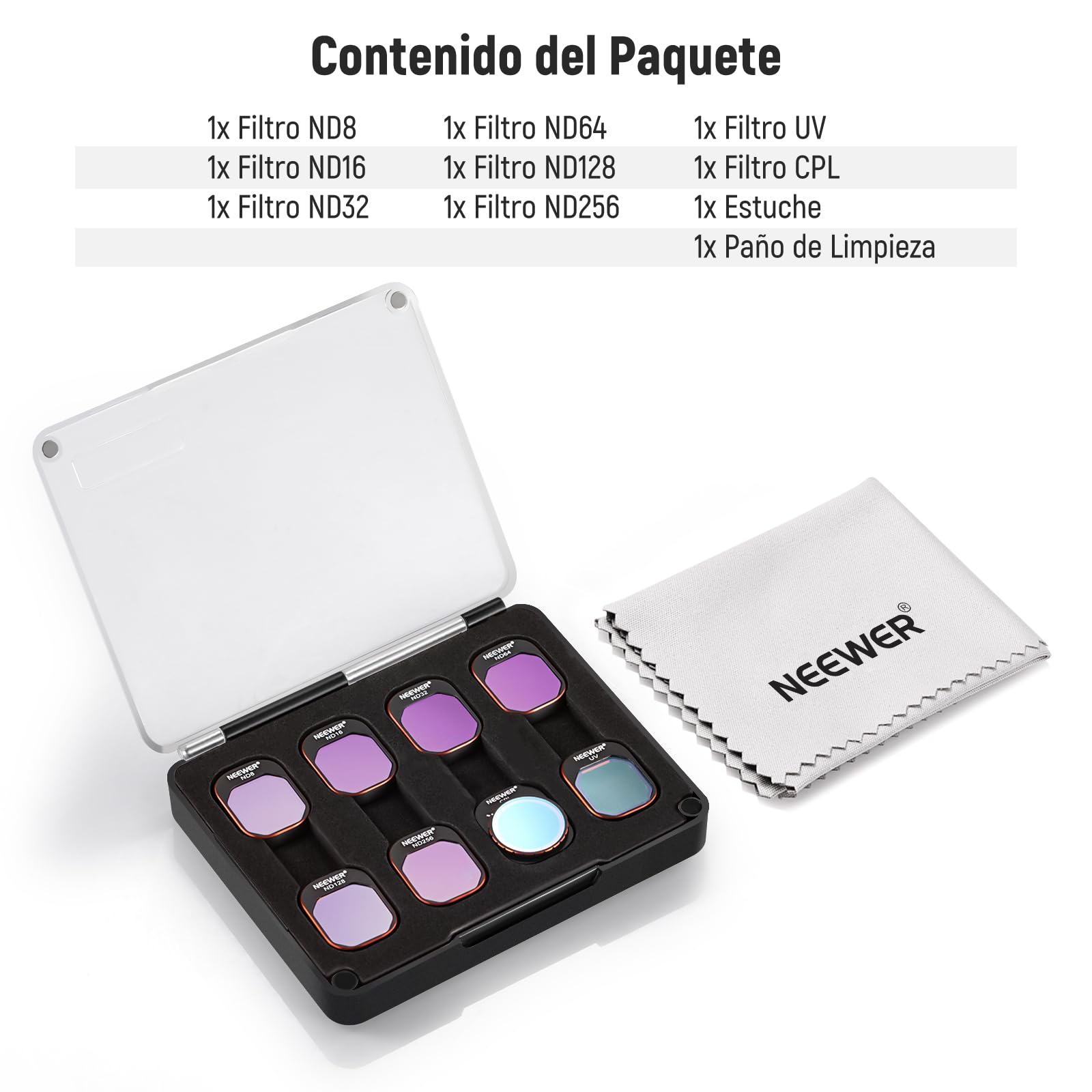 Neewer Juego de filtros ND y CPL compatibles con DJI Mini 4 Pro, paquete de 8 filtros de lente polarizador UV CPL ND8 ND16 ND32 ND64 ND128 ND256 CPL, polarizador de densidad neutra para drones, vidrio