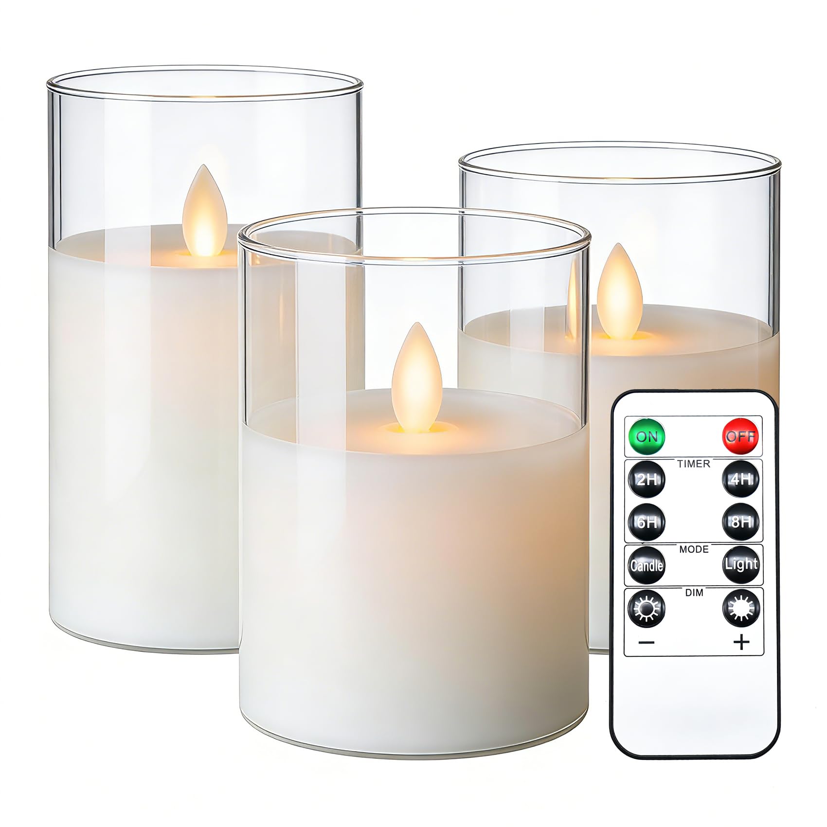 Da By B 3 Pack Glass Ivory Paraffin Wax Flameless Candles, Realistic Moving Wick Flickering Led Pillar Candles With Remote Control, Attery Operated Soft Warm Lights For Home Wedding Indoor Outdoor Decor