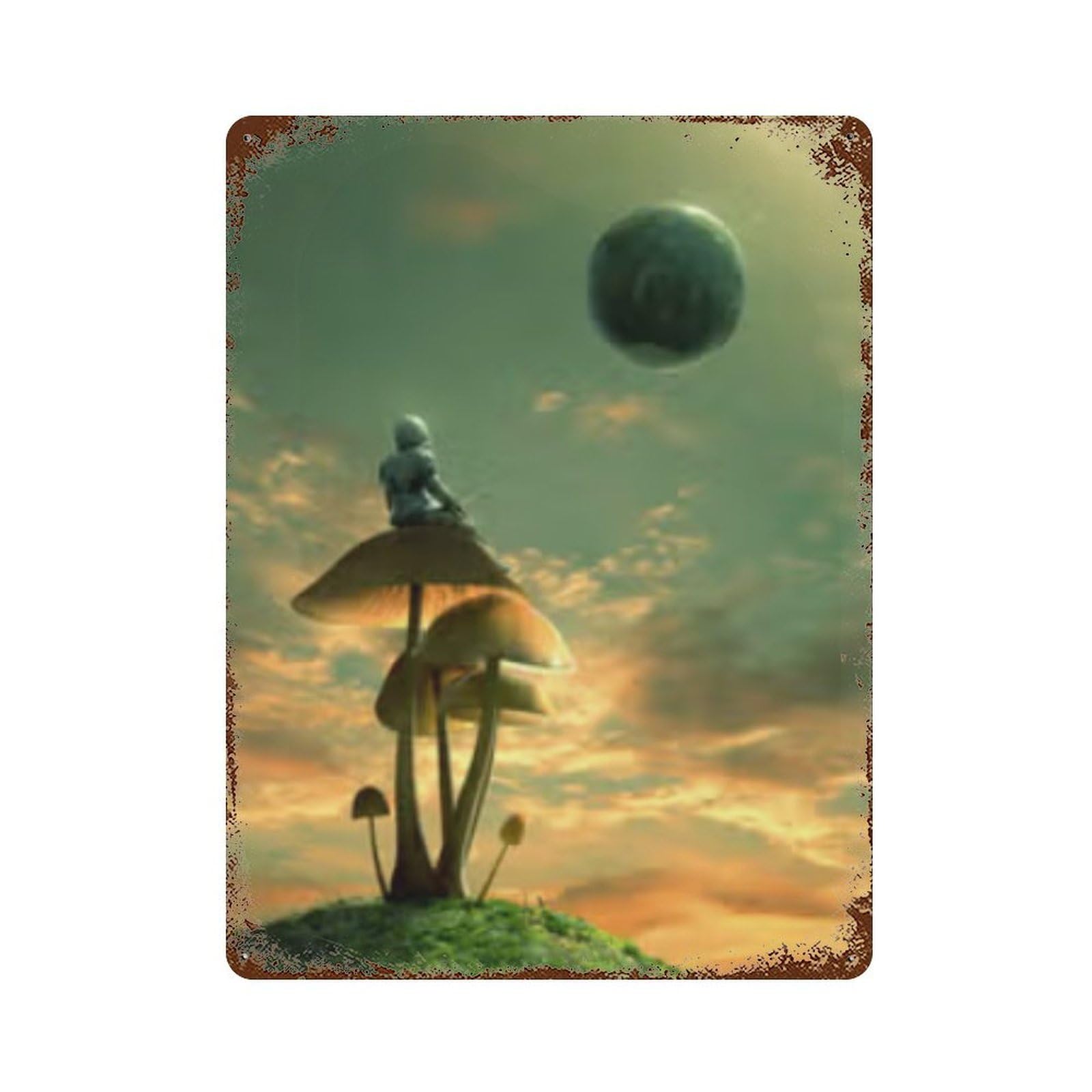 Fantasy Mushroom Landscape 15.7"x11.8" Distressed Metal Wall Sign, Retro Wall Decor for Garage, Bar And Workshop Decor