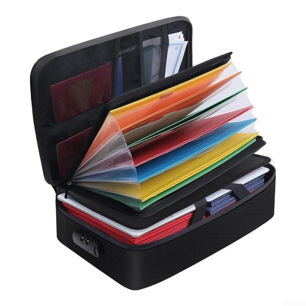 Borsa portadocumenti ignifuga con serratura per documenti importanti, scatola portaoggetti a 7 scomparti, custodia portatile per casa, ufficio, viaggi, colore nero, 35,5 x 25,4 x 10 cm