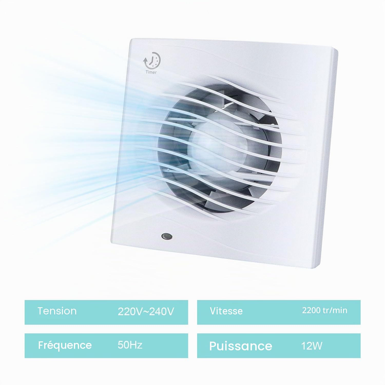 Anesty Ventilateur extracteur de salle de bain 4" avec minuterie, 12 W 130 m³/h, ventilateur d'échappement silencieux 100 mm avec clapet anti-retour – salle de bain, cuisine, WC, montage fenêtre/mural