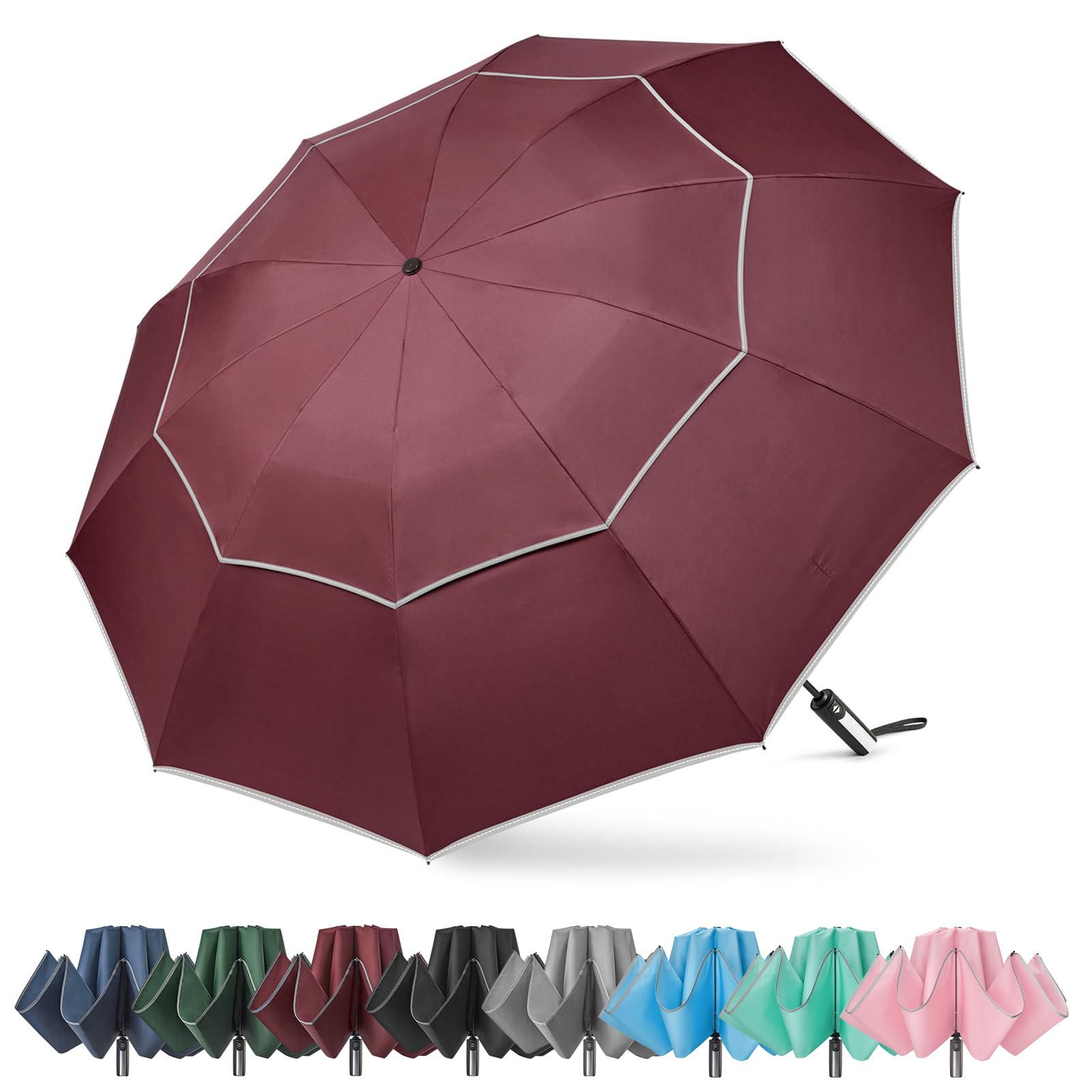 G4Free Paraguas plegable de golf 62 pulgadas rayas reflectantes 10 varillas invertido resistente al viento doble dosel cierre automático
